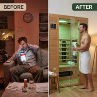 2024 Upgrade 1 to 2 Person Infrared Sauna, Low EMF Infrared Sauna for Home, Indoor Sauna Room, Hemlock Wooden Far Infrared Sauna, Dry Sauna with Bluetooth Speakers, LED Reading and Chromotherapy Lamp — Before & After