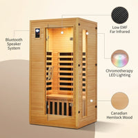 2024 Upgrade 1 to 2 Person Infrared Sauna, Low EMF Infrared Sauna for Home, Indoor Sauna Room, Hemlock Wooden Far Infrared Sauna, Dry Sauna with Bluetooth Speakers, LED Reading and Chromotherapy Lamp — infographic