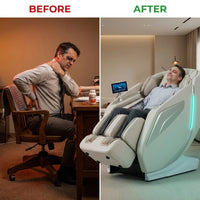 4D Massage Chair Full Body Zero Gravity Heated Recliner with Body Scan, 55" Sl-Track & Stretch, 40 Airbags - Shiatsu, Knead, Foot Rollers, Voice & APP Control, 15 Auto Modes & 9 Techniques (Beige) — Before & After