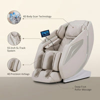 4D Massage Chair Full Body Zero Gravity Heated Recliner with Body Scan, 55" Sl-Track & Stretch, 40 Airbags - Shiatsu, Knead, Foot Rollers, Voice & APP Control, 15 Auto Modes & 9 Techniques (Beige) — infographic