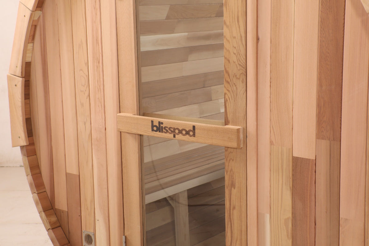 Blisspod | Prague | Canadian Red Cedar Outdoor Steam Barell Sauna | 2-4 / 4-6 persons with Full Glass Back & 2 front Porch seats