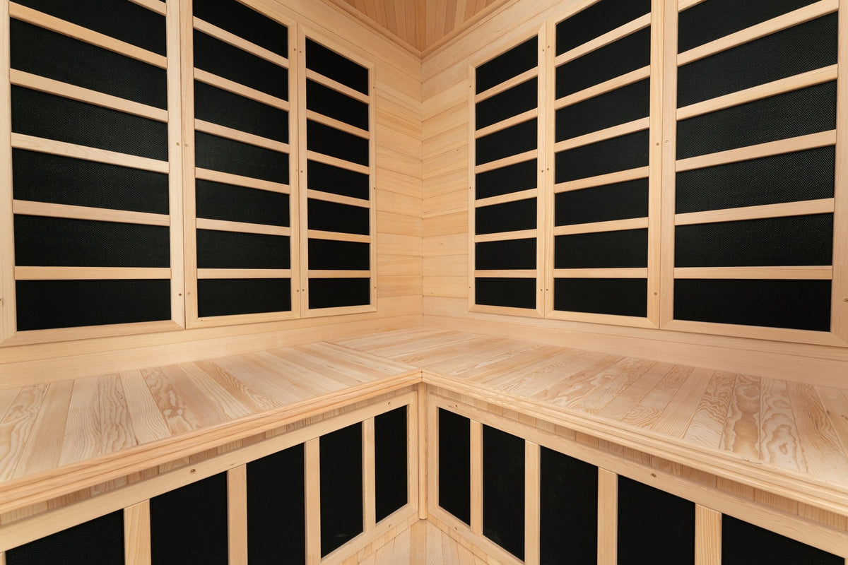 Blisspod | Vienna | Corner Spacious Far Infrared Sauna | Canadian Hemlock Wood | Ultra Low EMF | 12 Heaters | 4-5 Persons