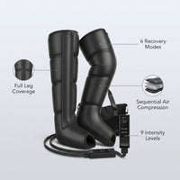 Leg Compression Massager,Professional Full Leg Sequential Pressure Boots, Air Compression Recovery System for Athletes - Circulation and Edema, RLS, Swelling, Pain Relief,9 Intensities 6 Modes — infographic