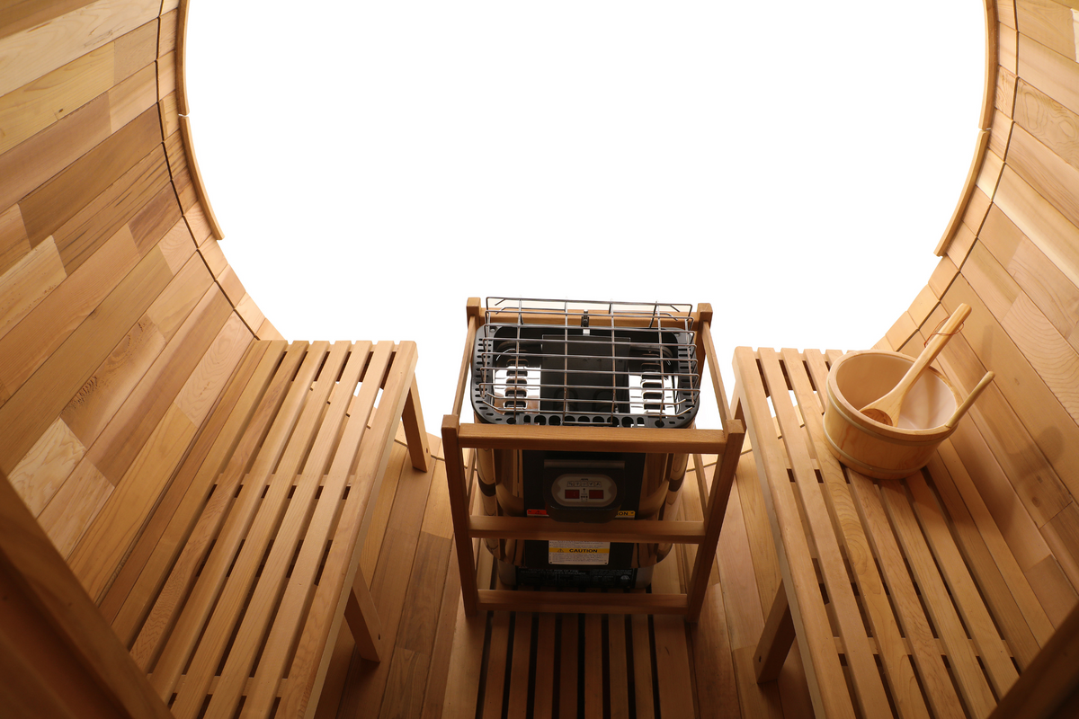 Blisspod | Prague | Canadian Red Cedar Outdoor Steam Barell Sauna | 2-4 / 4-6 persons with Full Glass Back & 2 front Porch seats
