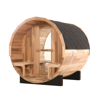 Blisspod | Prague | Canadian Red Cedar Outdoor Steam Barell Sauna | 2-4 / 4-6 persons with Full Glass Back & 2 front Porch seats