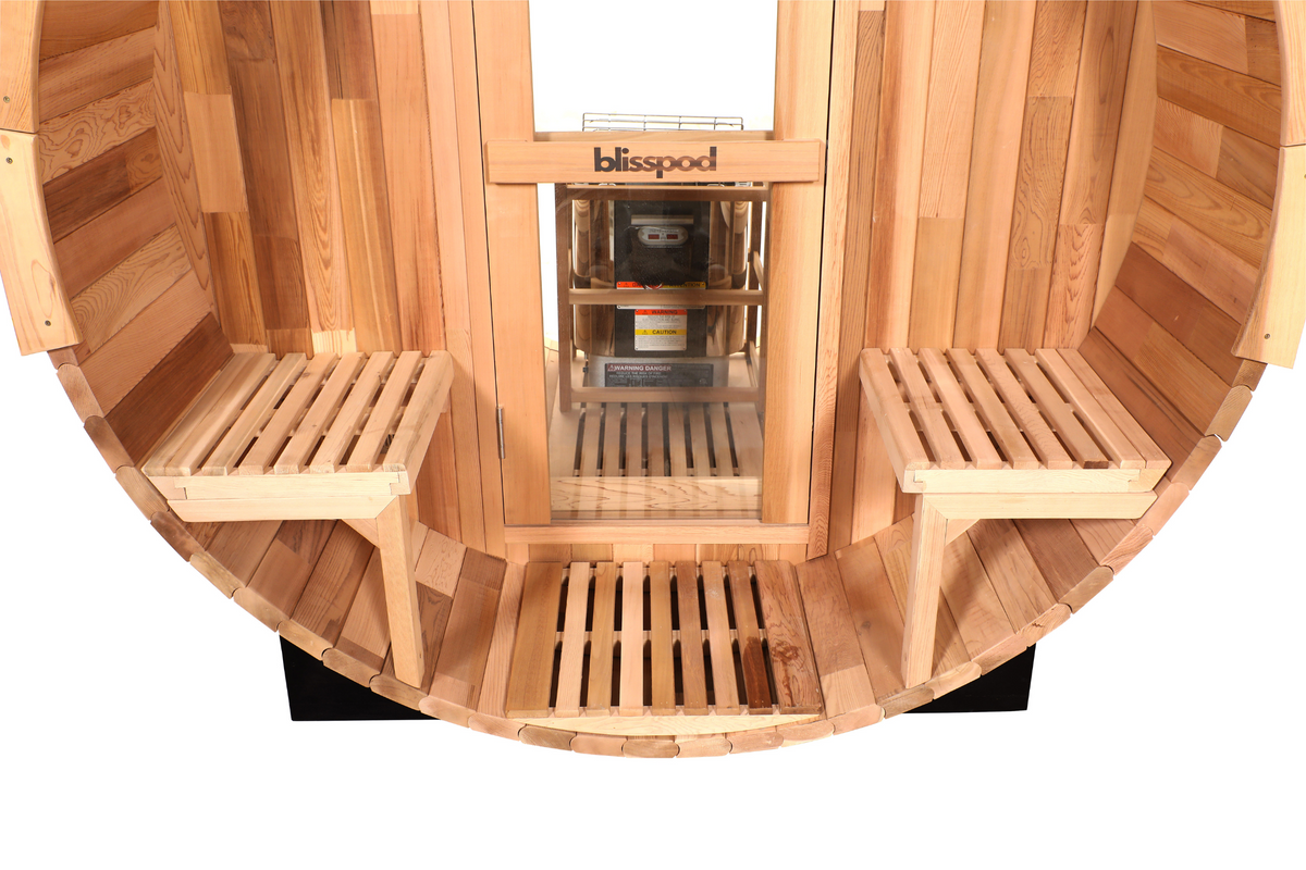 Blisspod | Prague | Canadian Red Cedar Outdoor Steam Barell Sauna | 2-4 / 4-6 persons with Full Glass Back & 2 front Porch seats