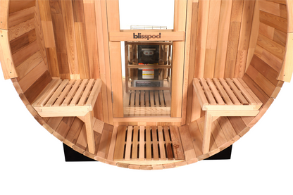 Blisspod | Prague | Canadian Red Cedar Outdoor Steam Barell Sauna | 2-4 / 4-6 persons with Full Glass Back & 2 front Porch seats